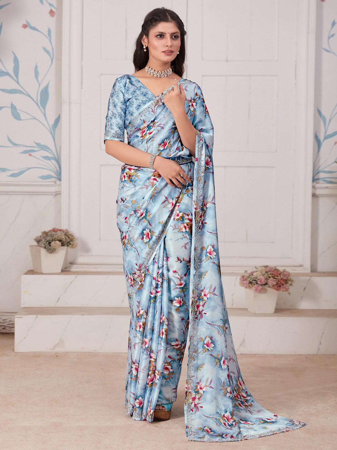 

Saree mall Floral Printed Beads & Stones Satin Saree, Blue