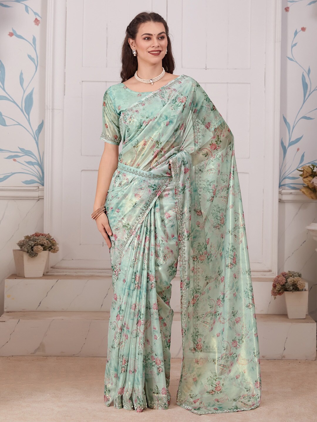 

Saree mall Floral Printed Beads & Stones Organza Belted Sarees, Sea green