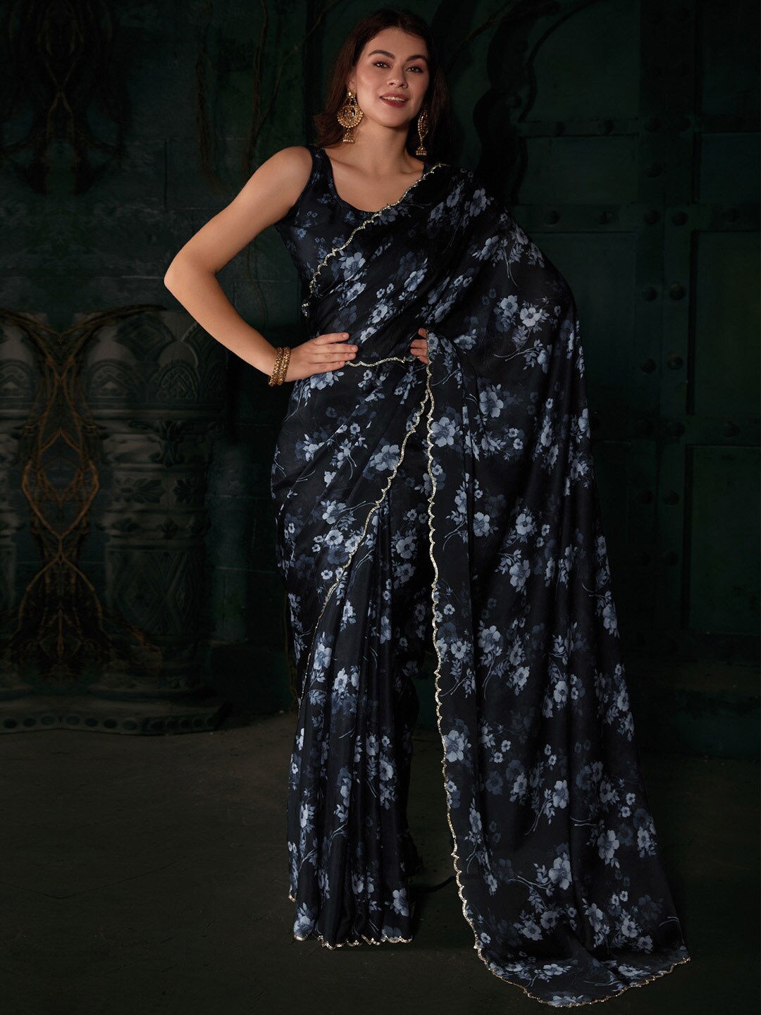 

Saree mall Floral Printed Beads & Stones Satin Belted Saree, Black