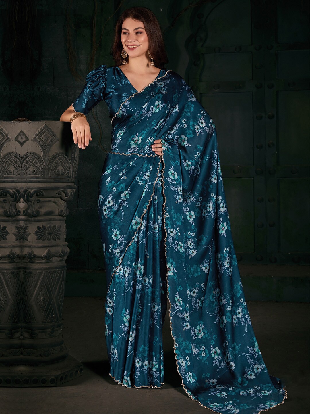 

Saree mall Floral Printed Beads & Stones Satin Belted Saree, Teal