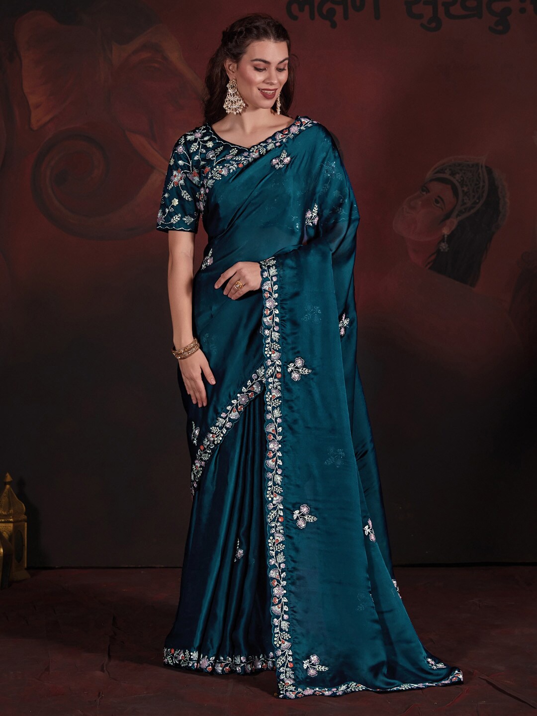 

Saree mall Floral Embroidered Sequinned Satin Silk Saree, Teal