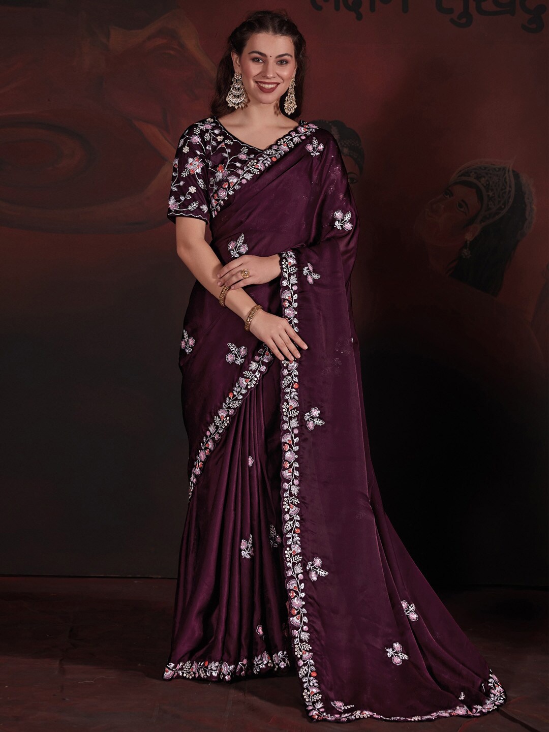

Saree mall Floral Embroidered Sequinned Satin Silk Saree, Burgundy