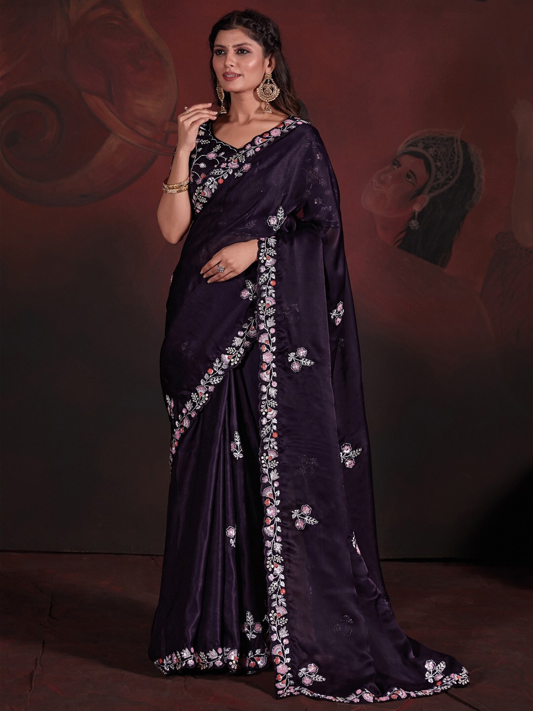 

Saree mall Floral Embroidered Sequinned Satin Silk Saree, Purple