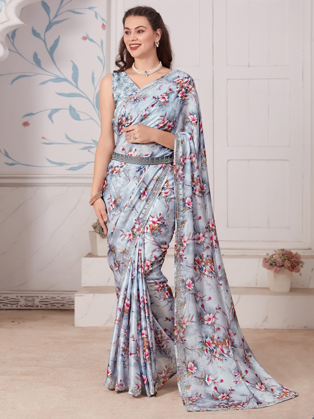 

Saree mall Floral Printed Beads & Stones Satin Silk Saree, Grey