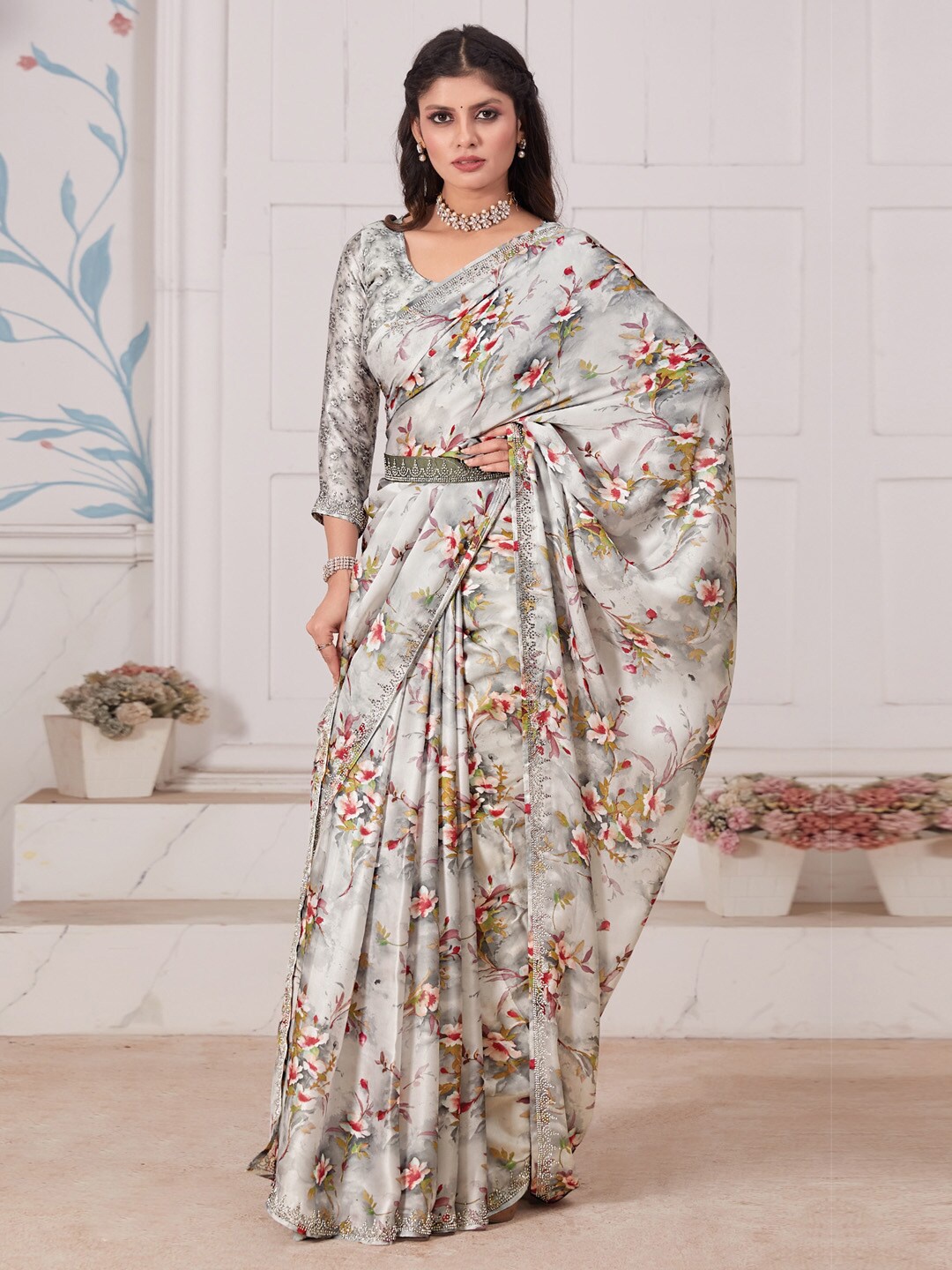 

Saree mall Floral Printed Beads & Stones Satin Silk Saree, Grey