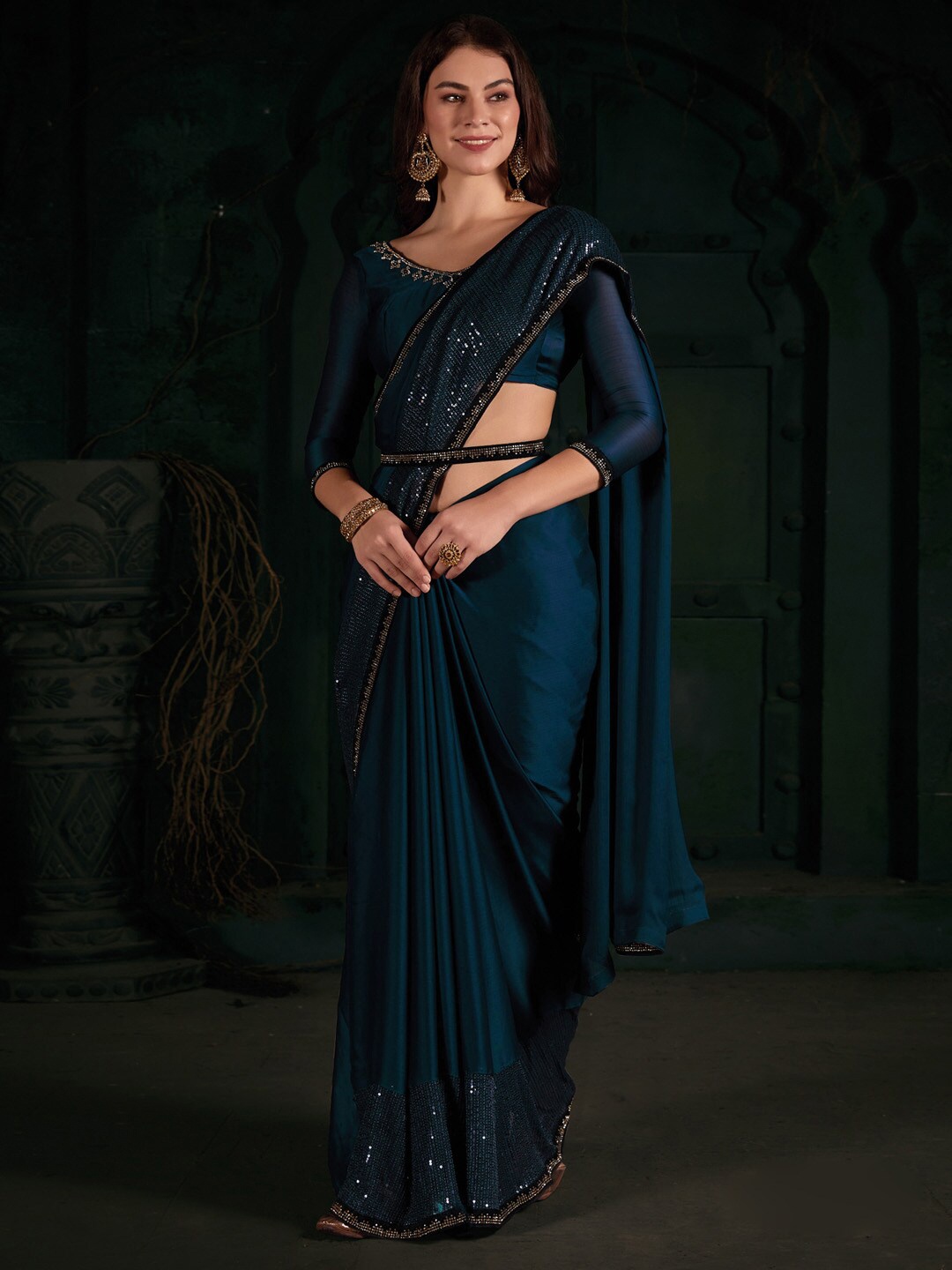 

Saree mall Embellished Sequinned Pure Chiffon Saree, Teal