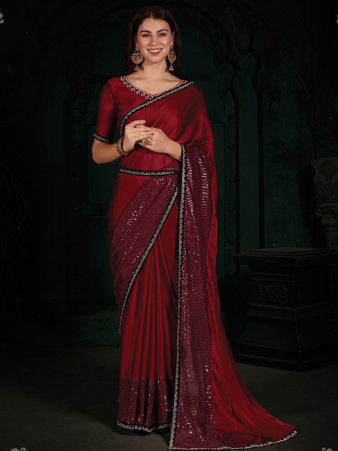 

Saree mall Embellished Border Beads and Stones Pure Chiffon Sarees, Red