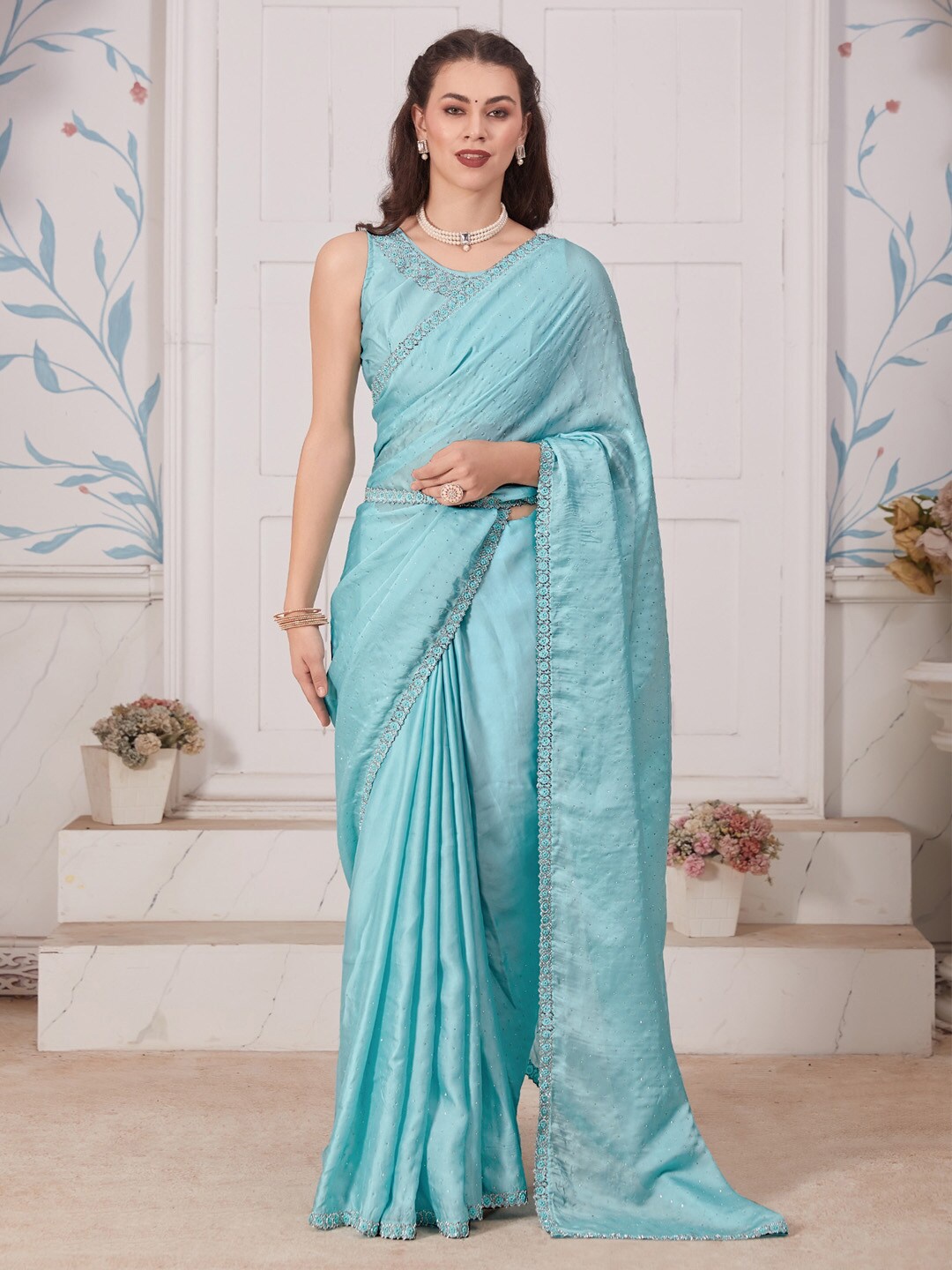 

Saree mall Embellished Beads and Stones Satin Belted Saree, Blue