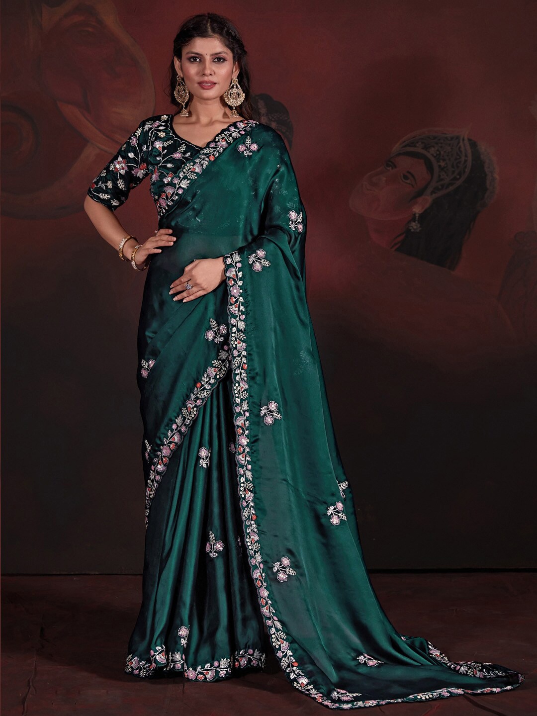 

Saree mall Floral Embellished Sequinned Satin Saree, Teal