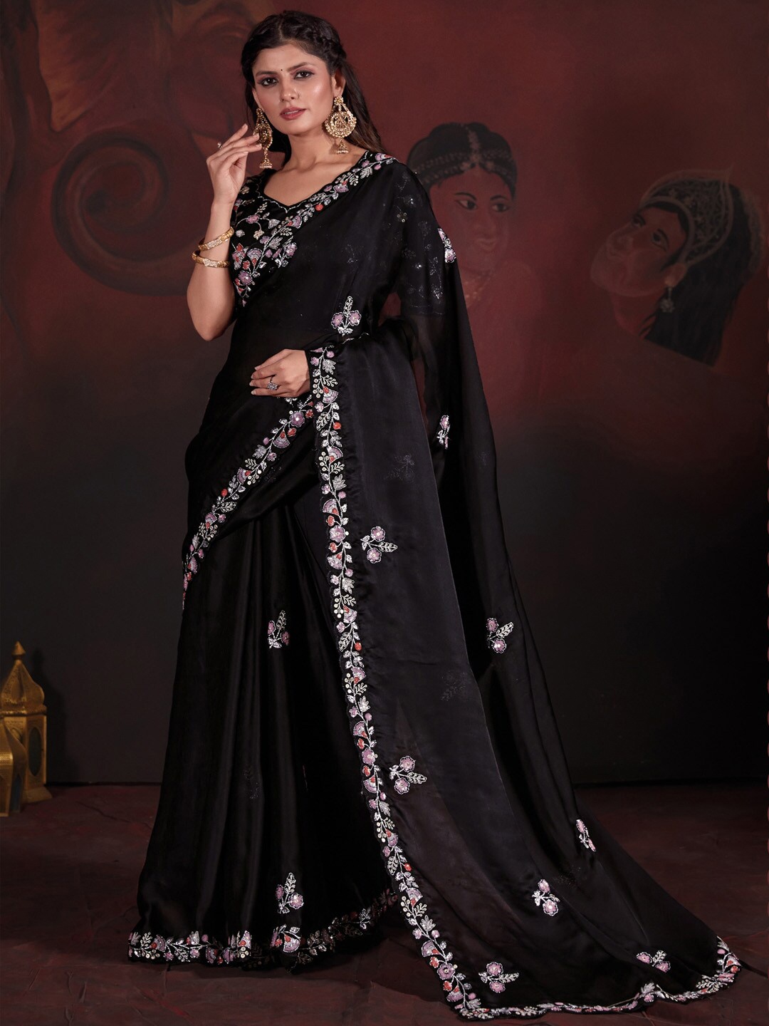 

Saree mall Ethnic Motifs Embellished Sequinned Satin Saree, Black