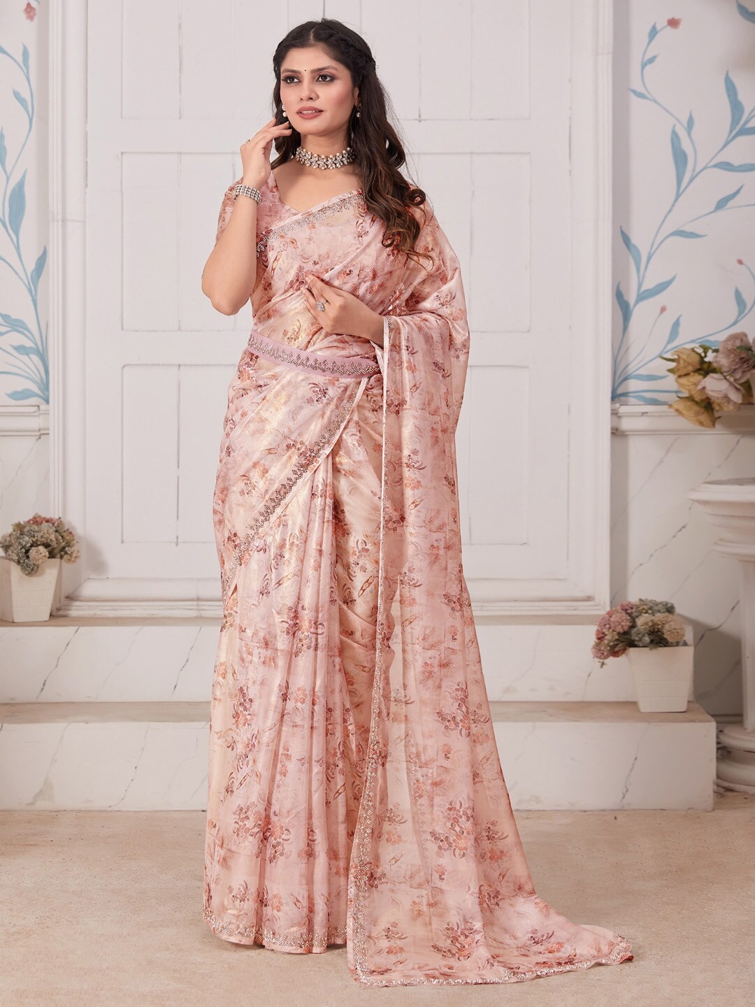 

Saree mall Floral Embellished Beads and Stones Organza Belted Saree, Peach