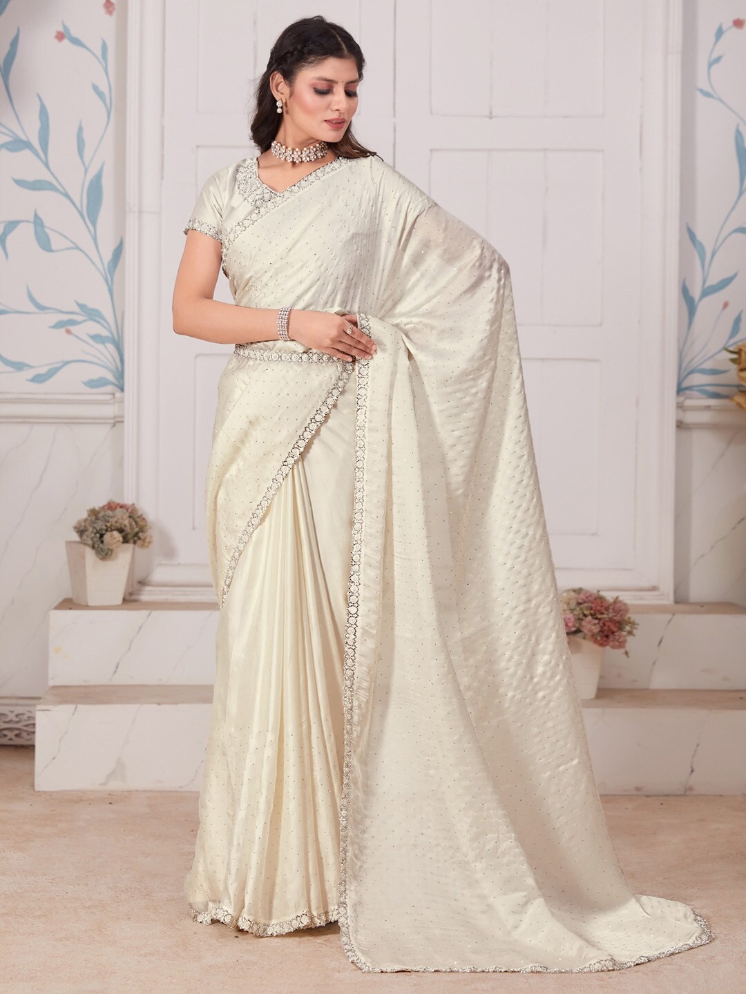

Saree mall Embellished Beads and Stones Satin Saree, Cream