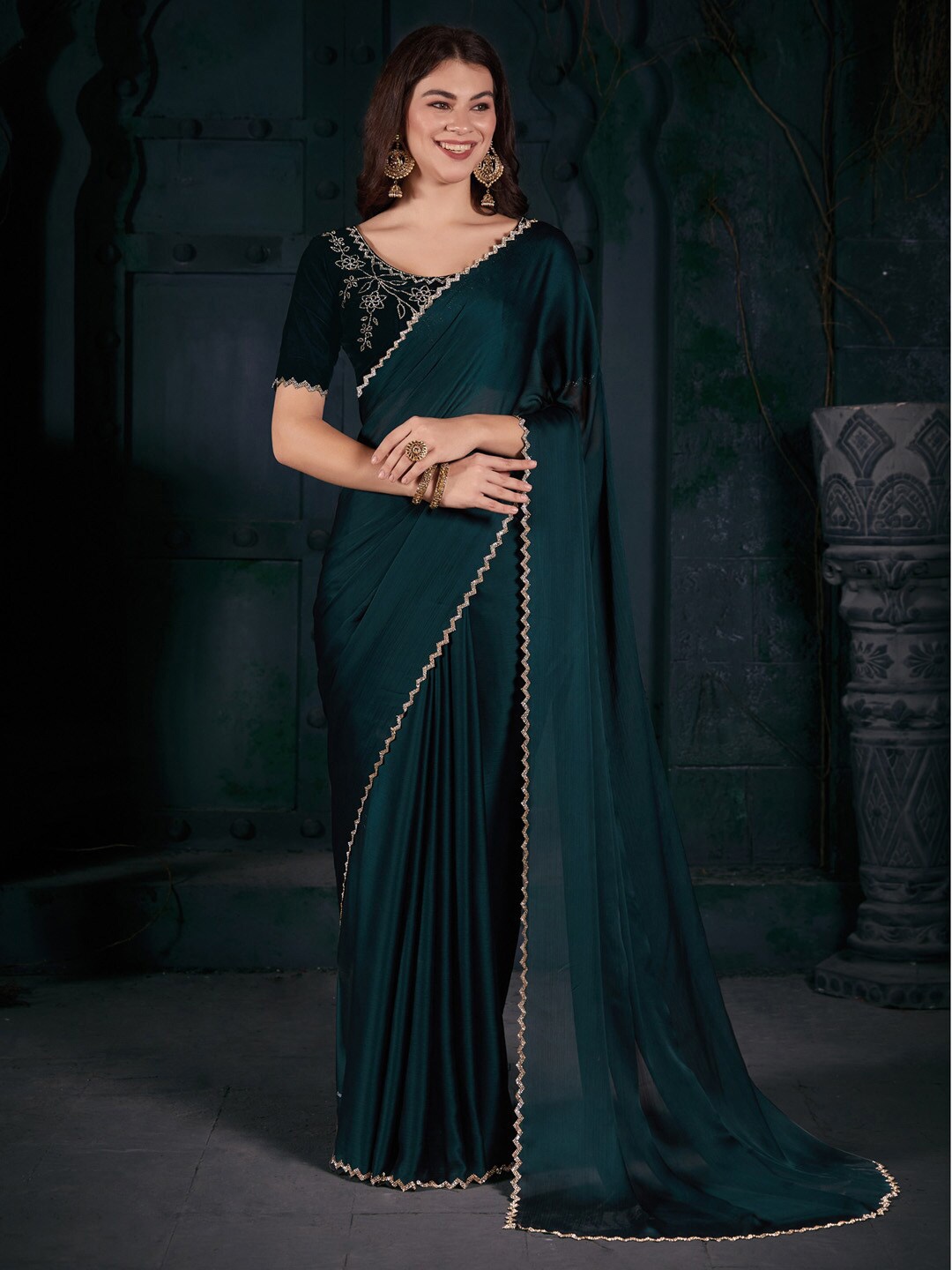 

Saree mall Beads and Stones Pure Chiffon Sarees, Teal