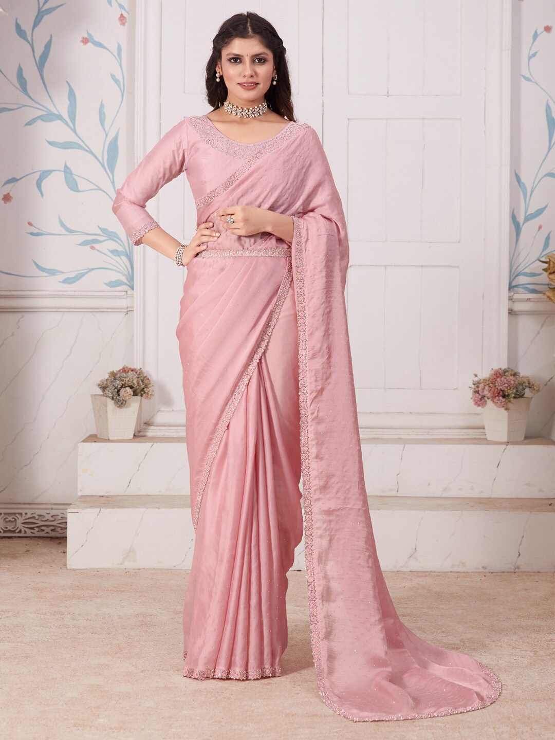 

Saree mall Embellished Beads and Stones Satin Sarees, Pink