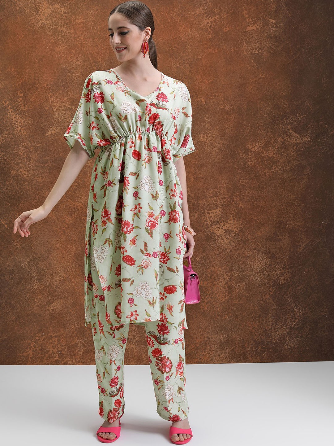 

Vishudh Lime Green Floral Printed Extended Sleeves Kaftan Tunic With Trousers
