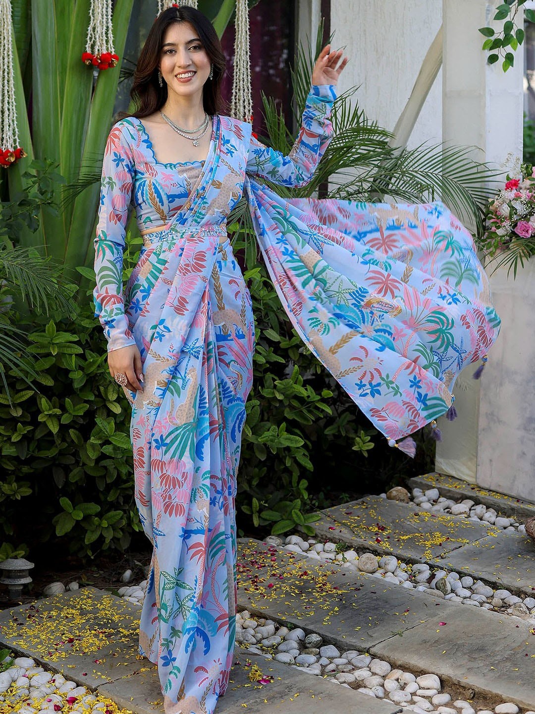

Lavanya The Label Floral Printed Bagh Saree, Blue