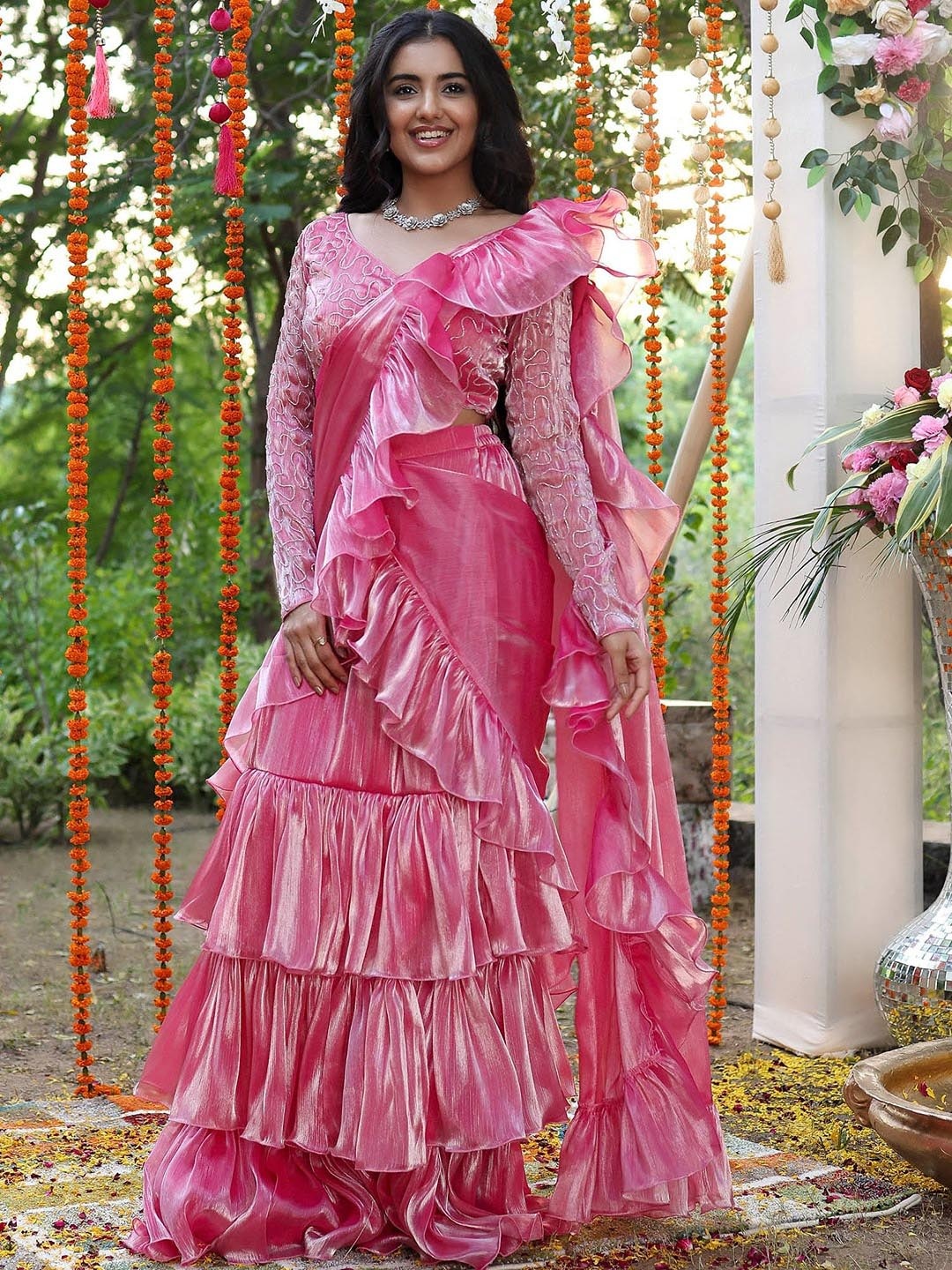 

Lavanya The Label Beads and Stones Ruffles Ready to Wear Saree, Pink