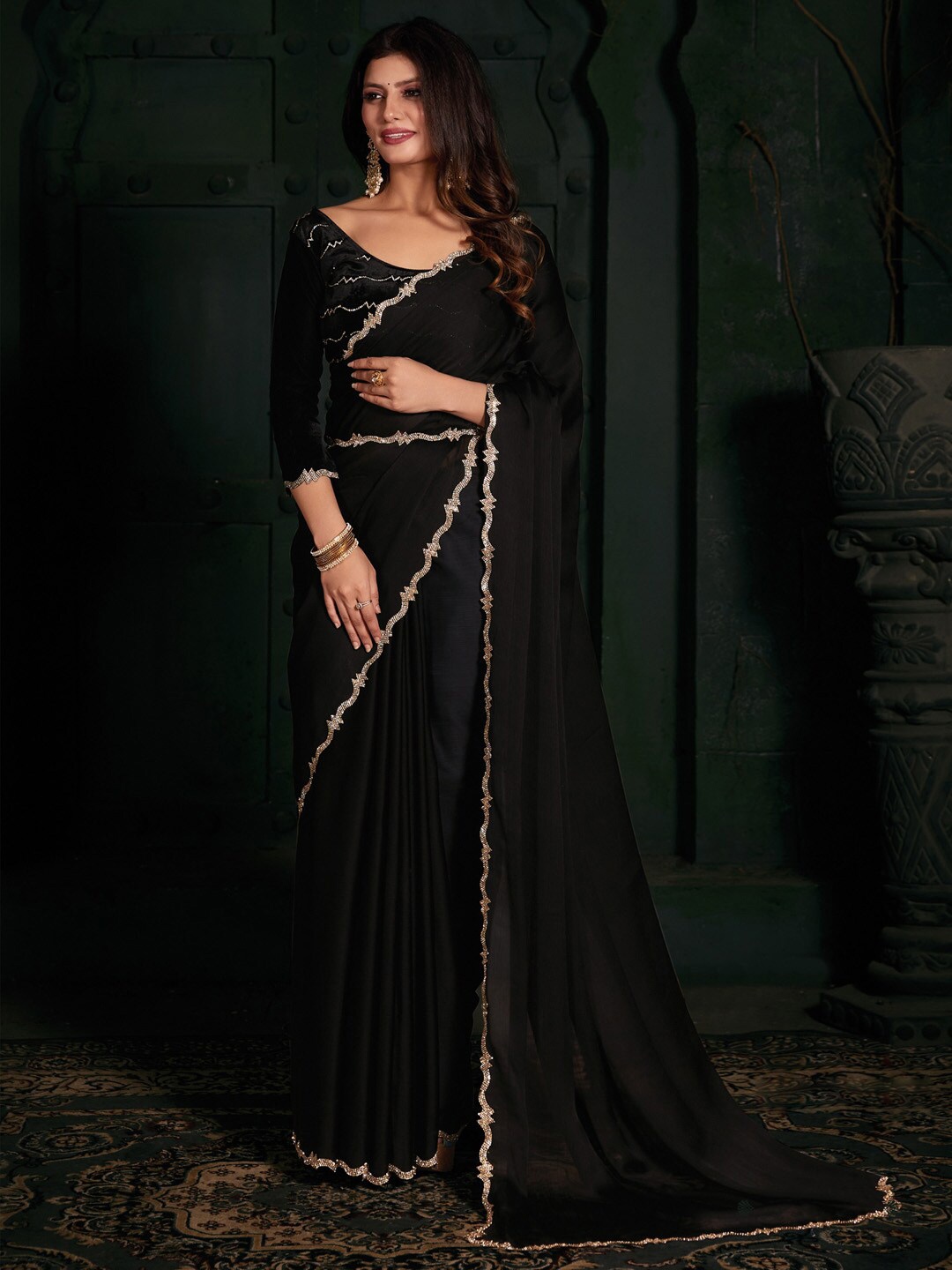 

Saree mall Beads & Stones Poly Chiffon Sarees, Black