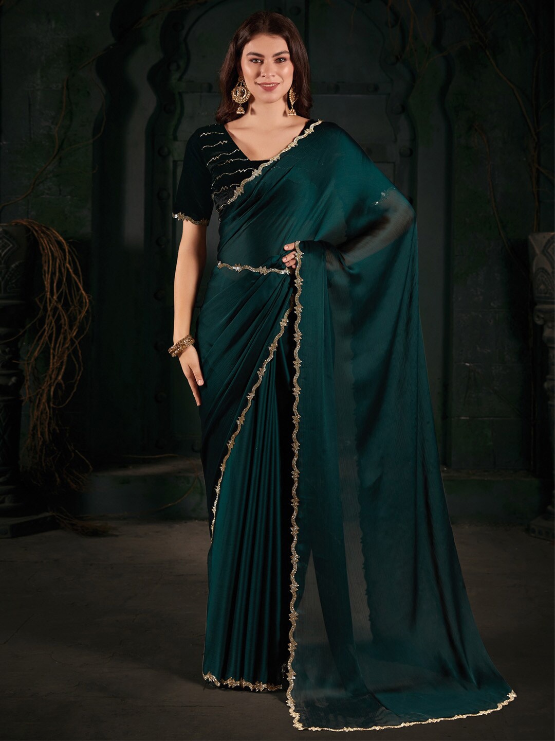 

Saree mall Beads and Stones Embellished Pure Chiffon Saree, Teal