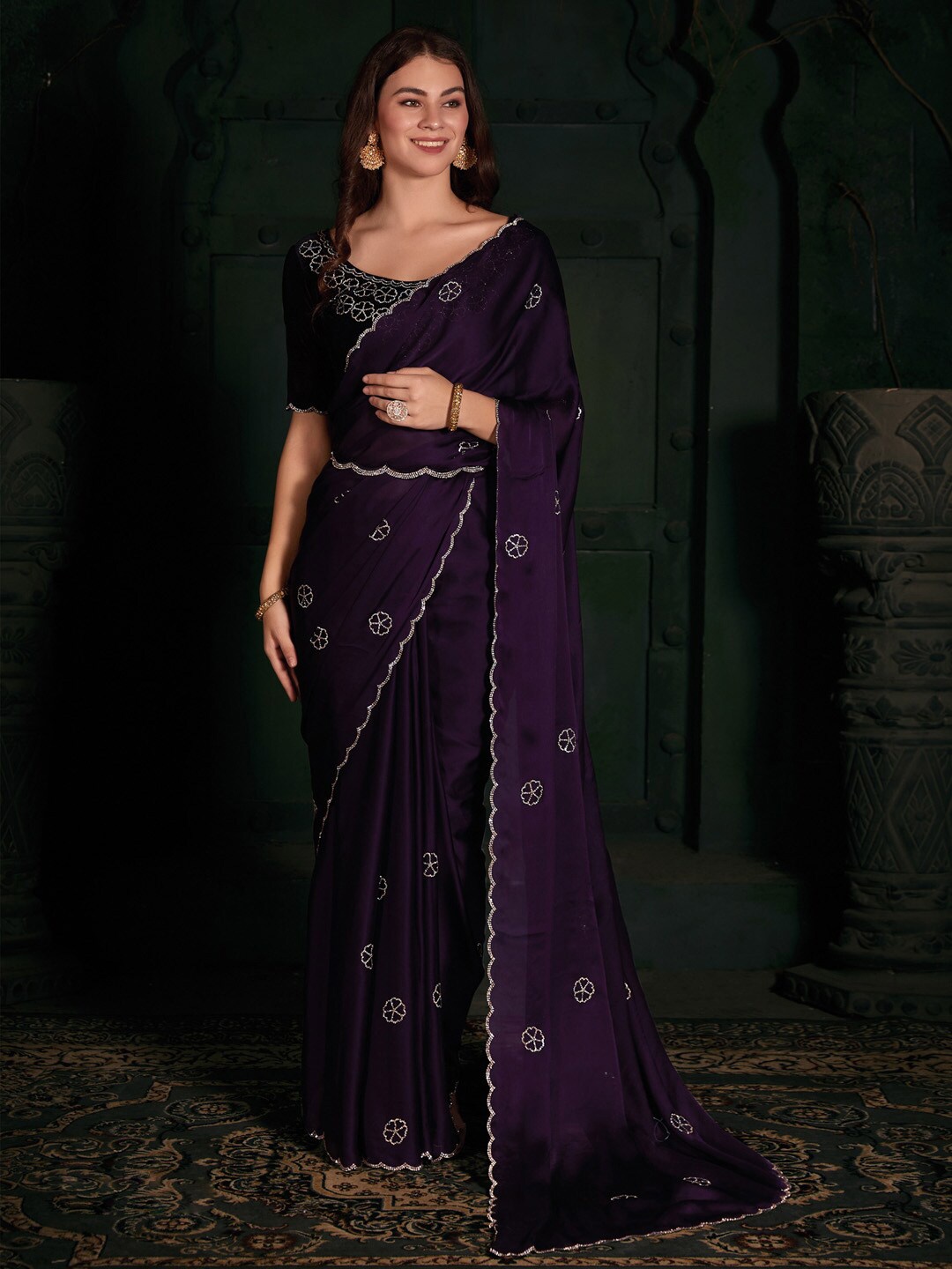 

Saree mall Beads and Stones Embellished Satin Saree, Purple