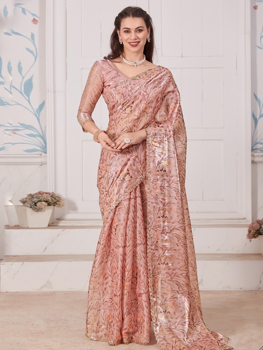 

Saree mall Floral Printed Beads & Stones Organza Saree, Brown