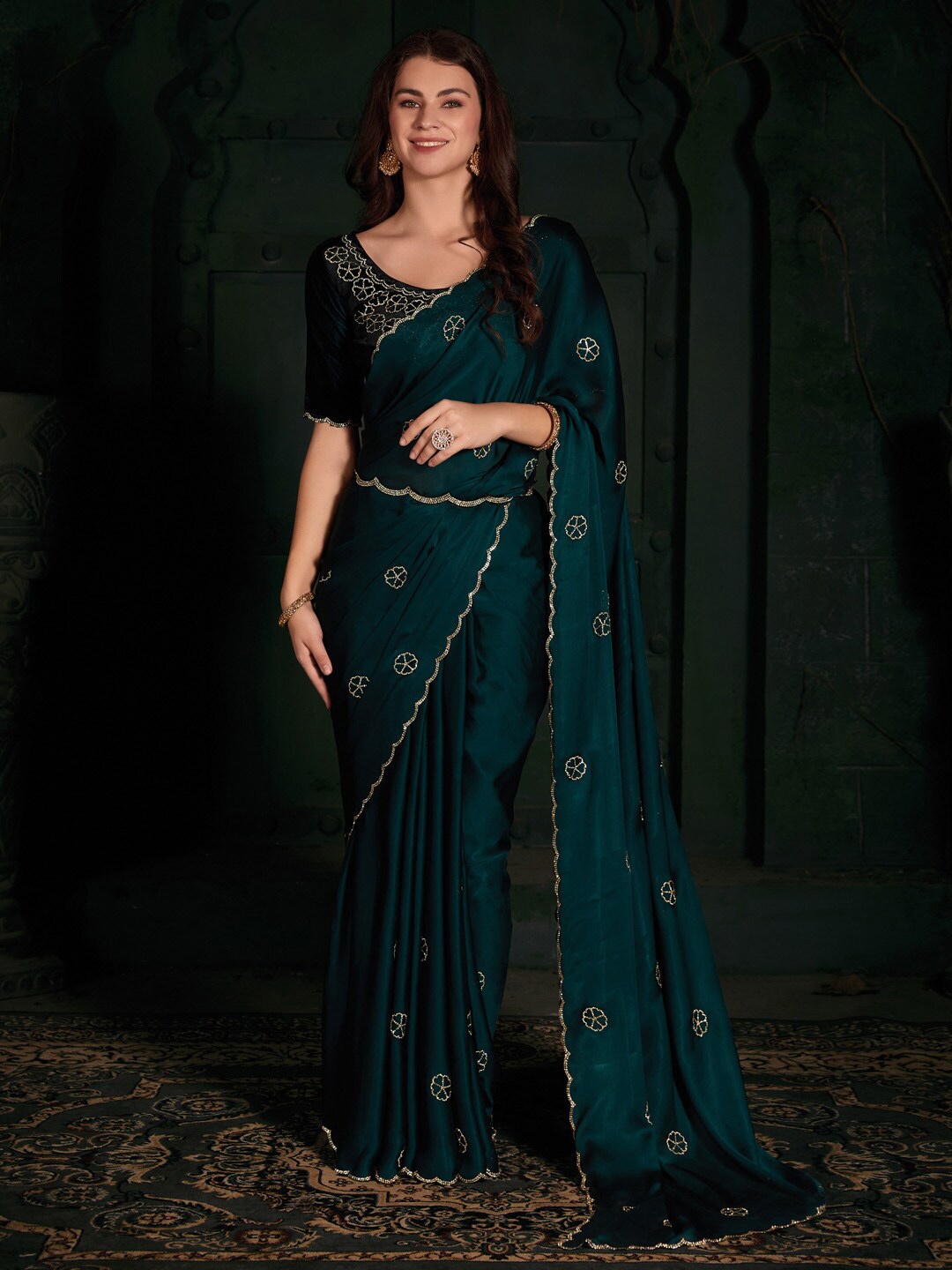 

Saree mall Beads and Stones Embellished Satin Saree, Teal