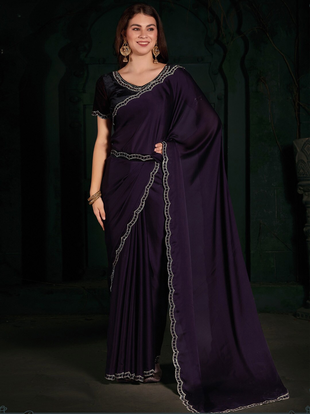 

Saree mall Beads And Stones Satin Belted Sarees, Purple