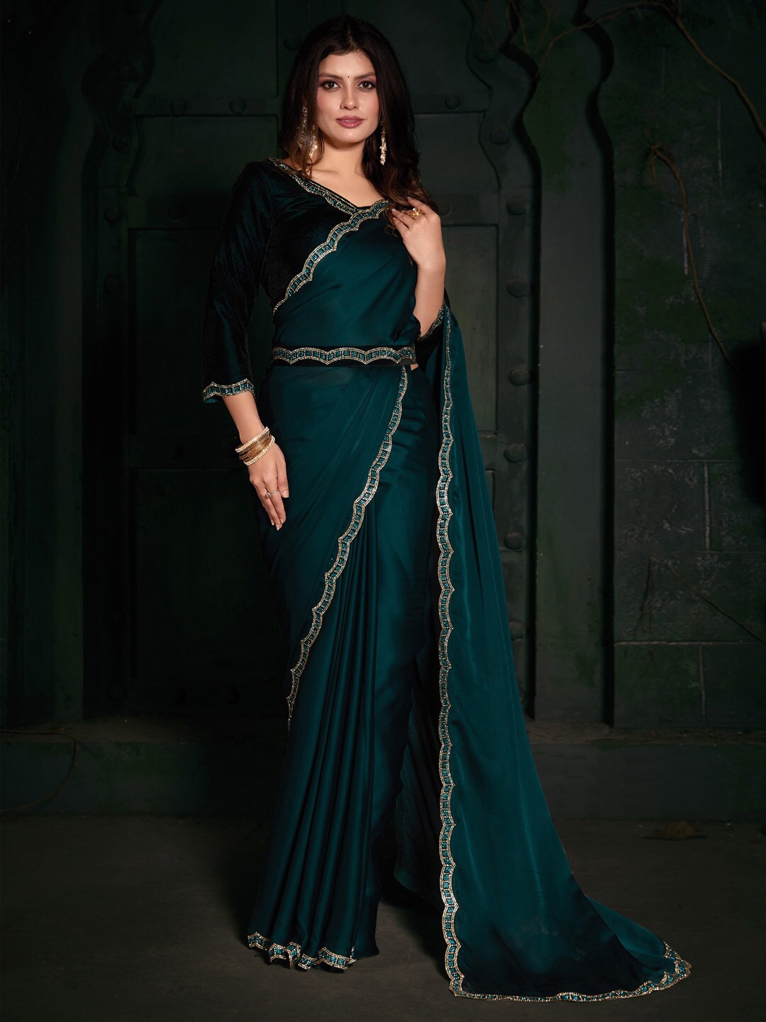 

Saree mall Beads and Stones Belted Satin Sarees, Teal