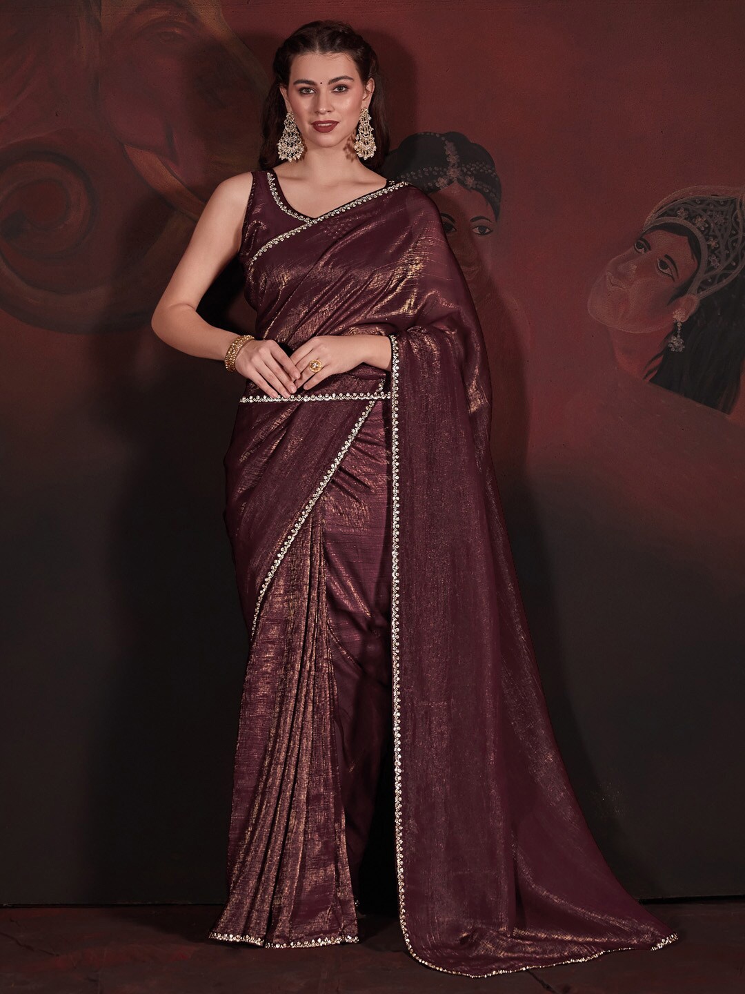 

Saree mall Burgundy Beads and Stones Embellished Saree