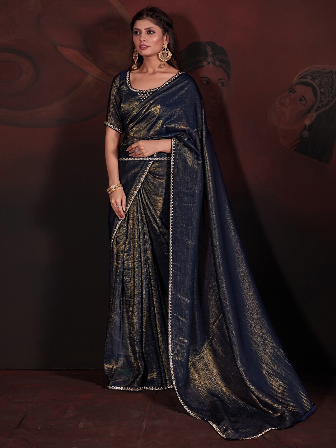

Saree mall Beads and Stones Embellished Saree, Navy blue