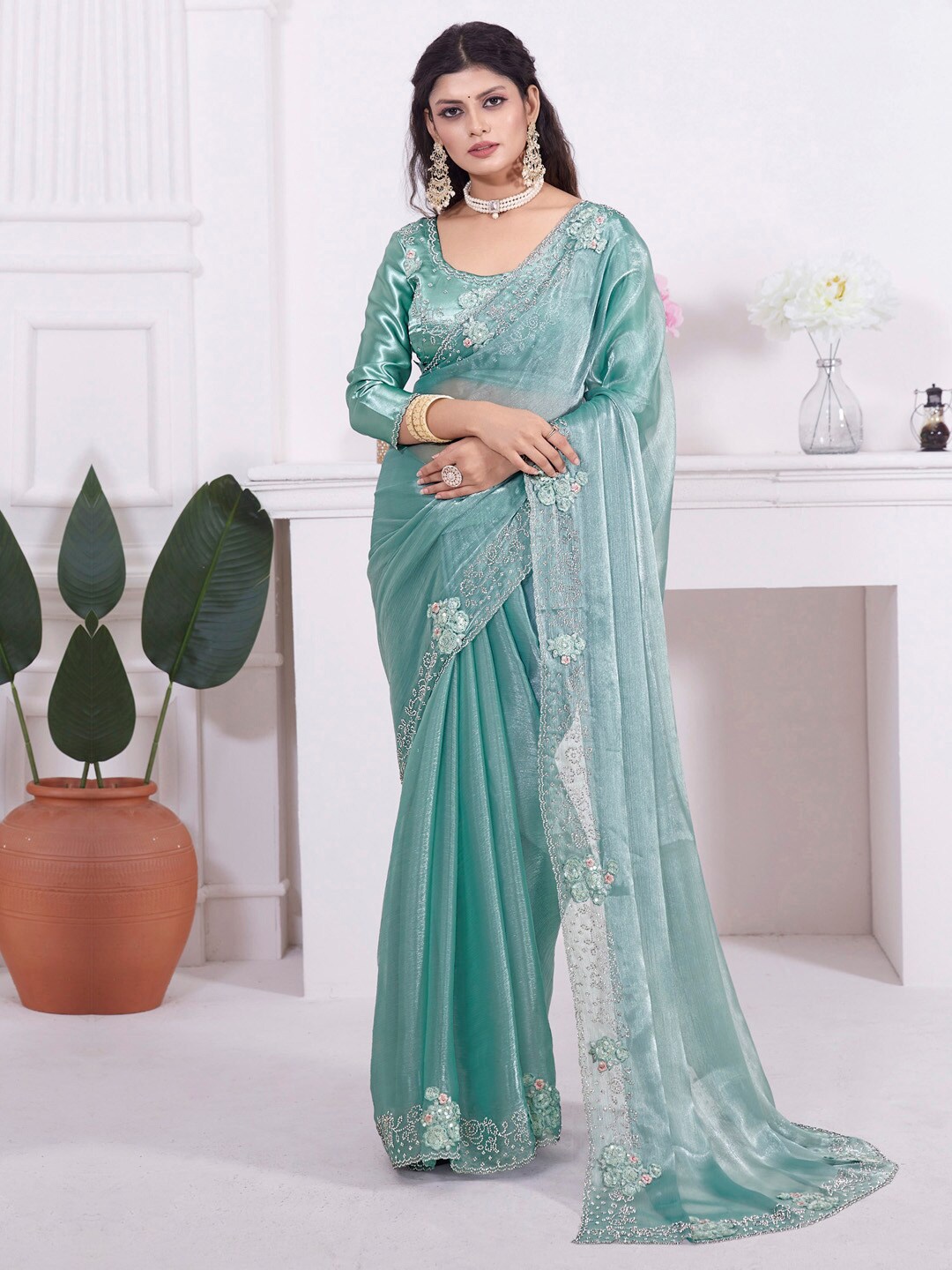 

Saree mall Teal Beads and Stones Embellished Organza Saree