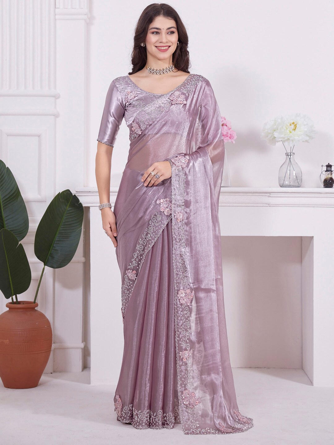 

Saree mall Beads and Stones Embellished Organza Saree, Mauve