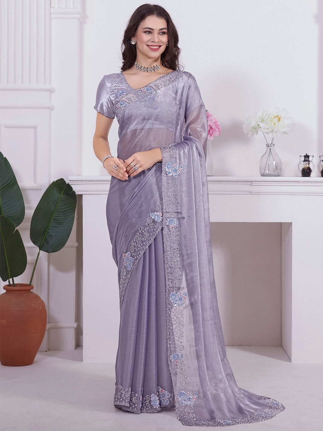 

Saree mall Beads and Stones Embellished Organza Saree, Lavender