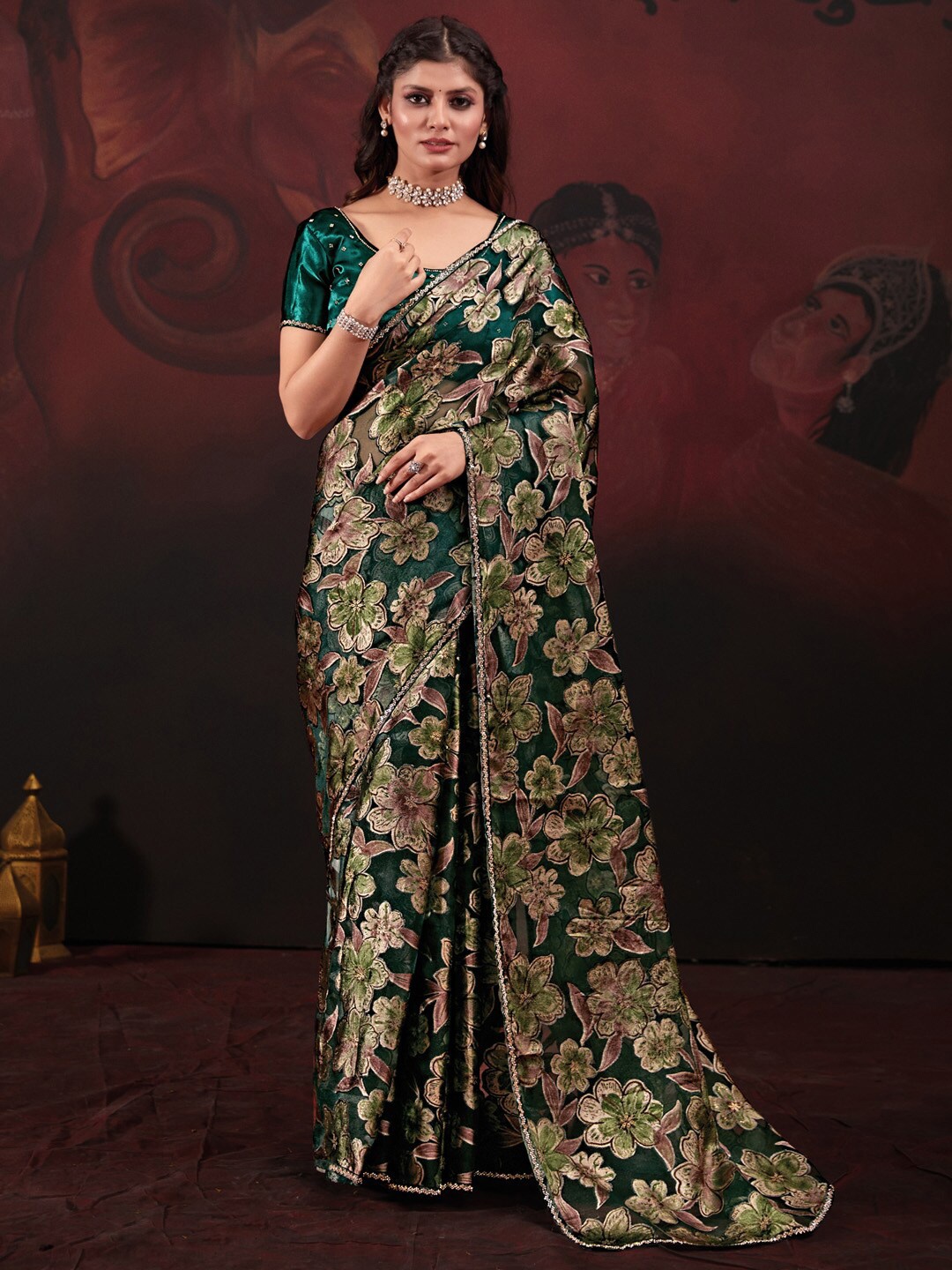 

Saree mall Floral Printed Beads & Stones Brasso Saree, Green