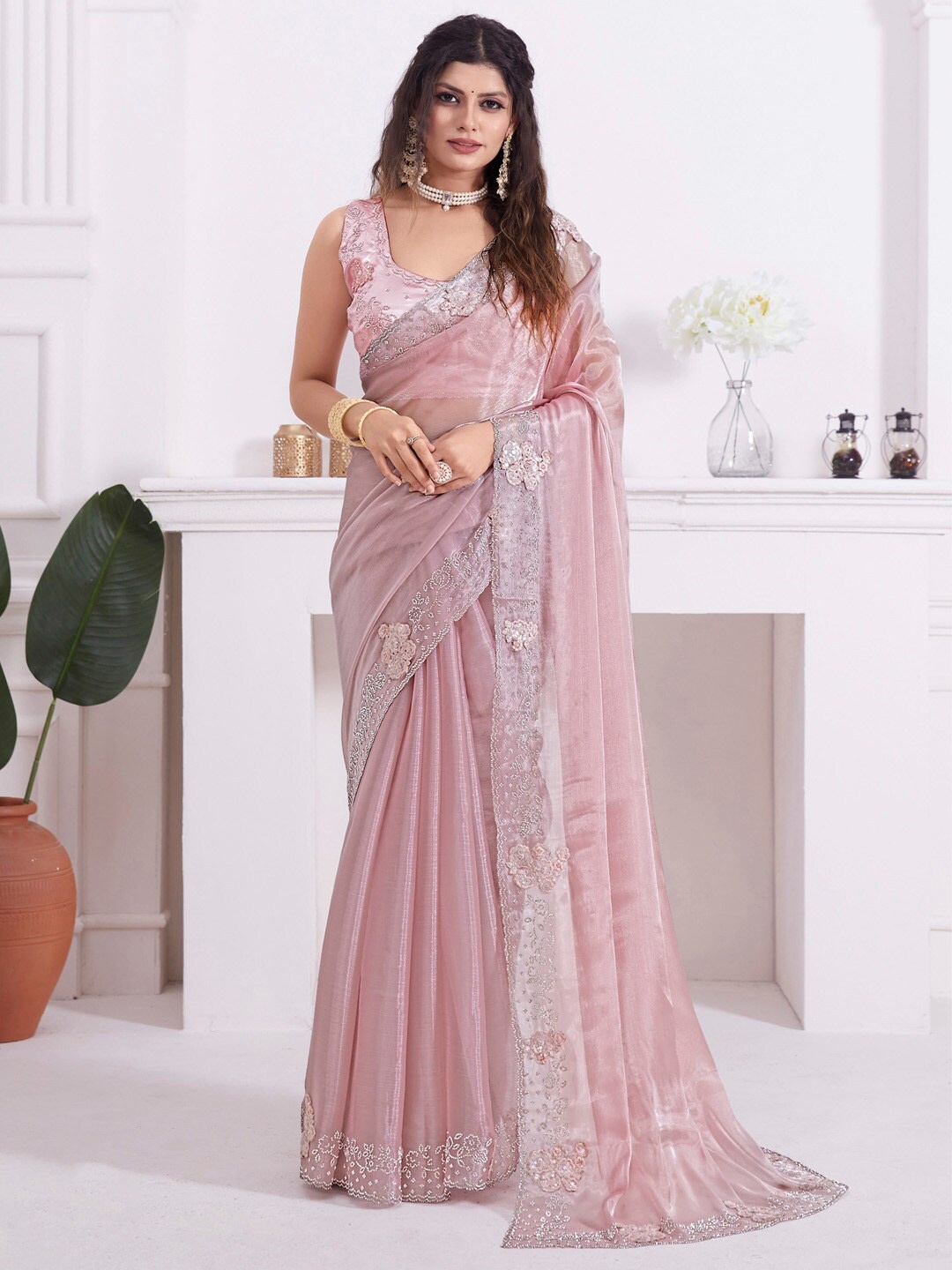 

Saree mall Beads and Stones Embellished Organza Saree, Pink