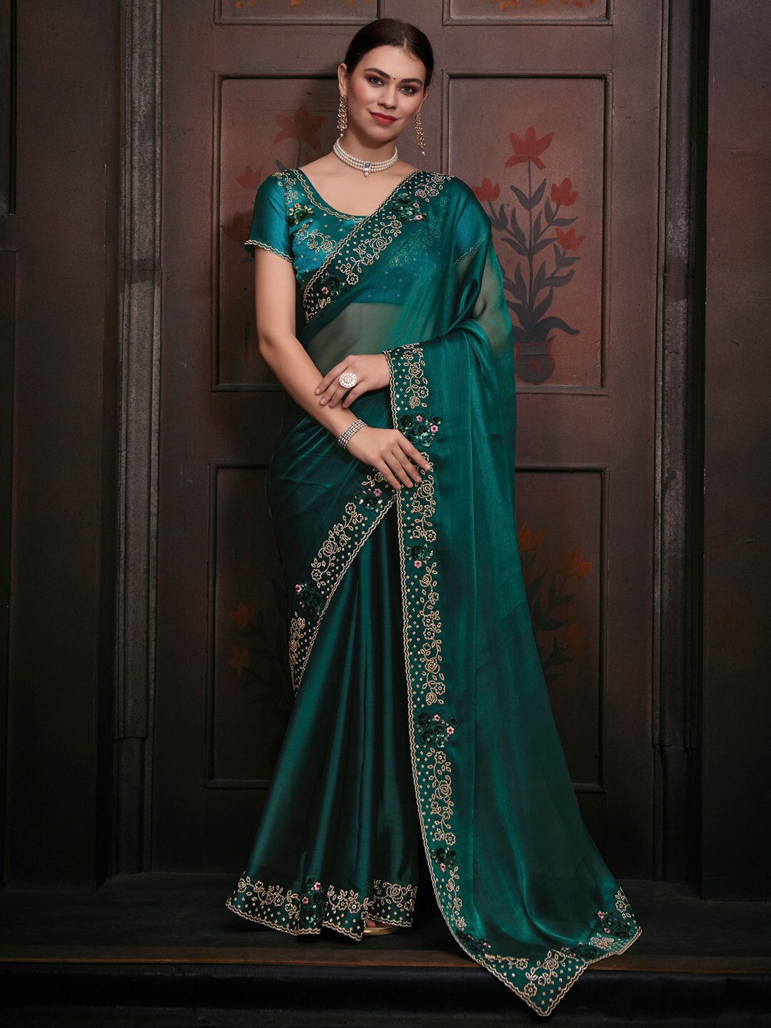 

Saree mall Embellished Border Beads and Stones Organza Saree, Teal