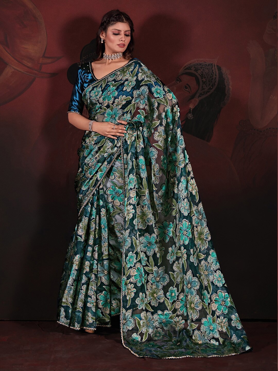 

Saree mall Floral Printed Beads and Stones Embellished Brasso Saree, Teal