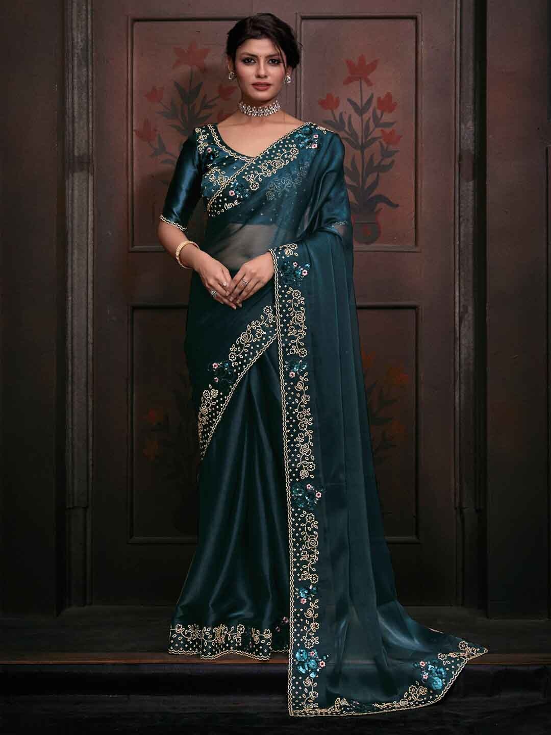 

Saree mall Beads & Stones Organza Saree, Teal