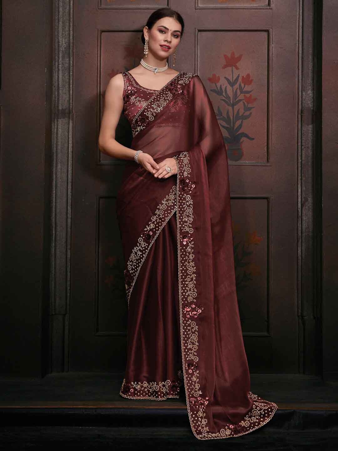 

Saree mall Embellished Border Beads and Stones Organza Saree, Brown