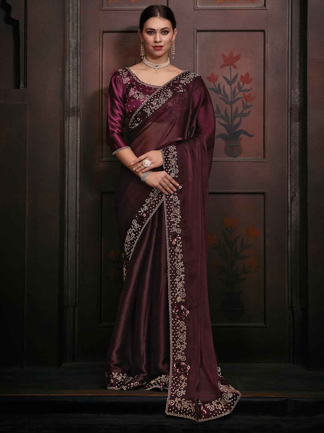 

Saree mall Beads & Stones Organza Sarees, Purple