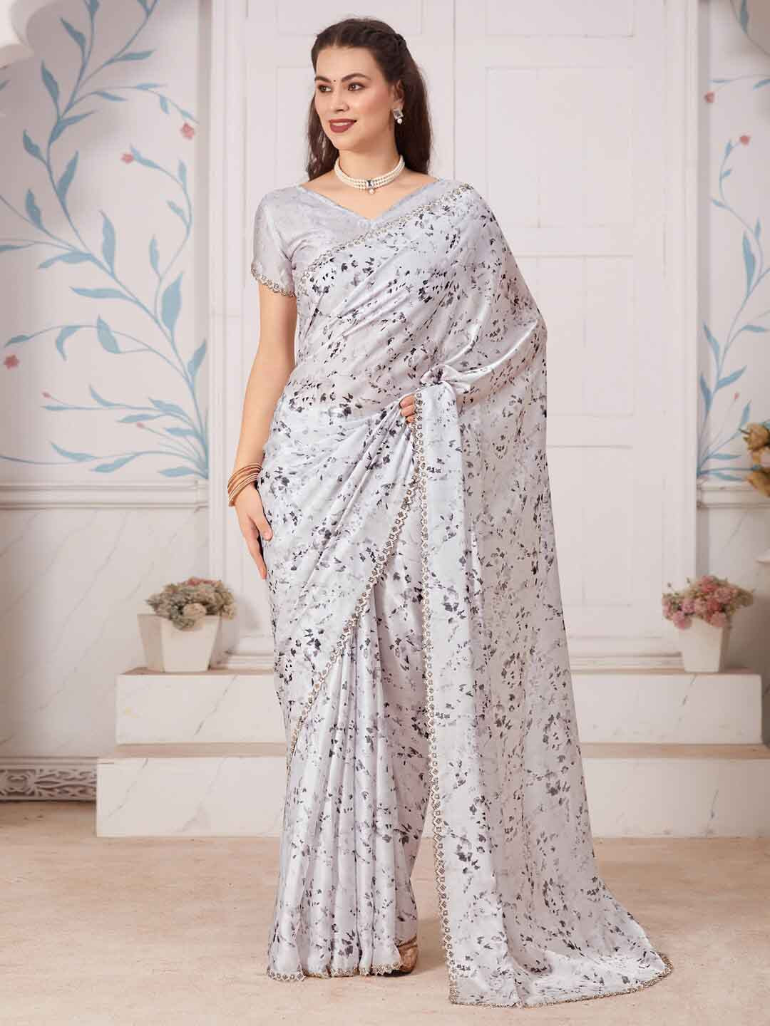 

Saree mall White Floral Printed Beads and Stones Satin Saree