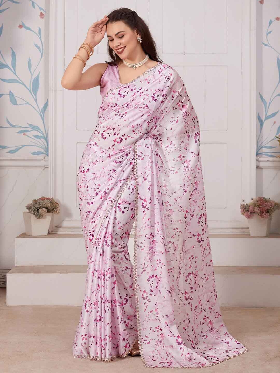 

Saree mall Floral Printed Beads & Stones Satin Sarees, Pink