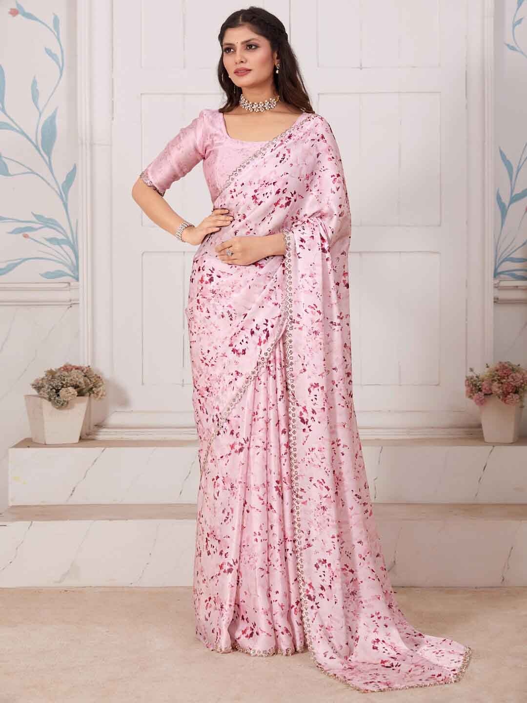 

Saree mall Floral Printed Satin Sarees, Pink