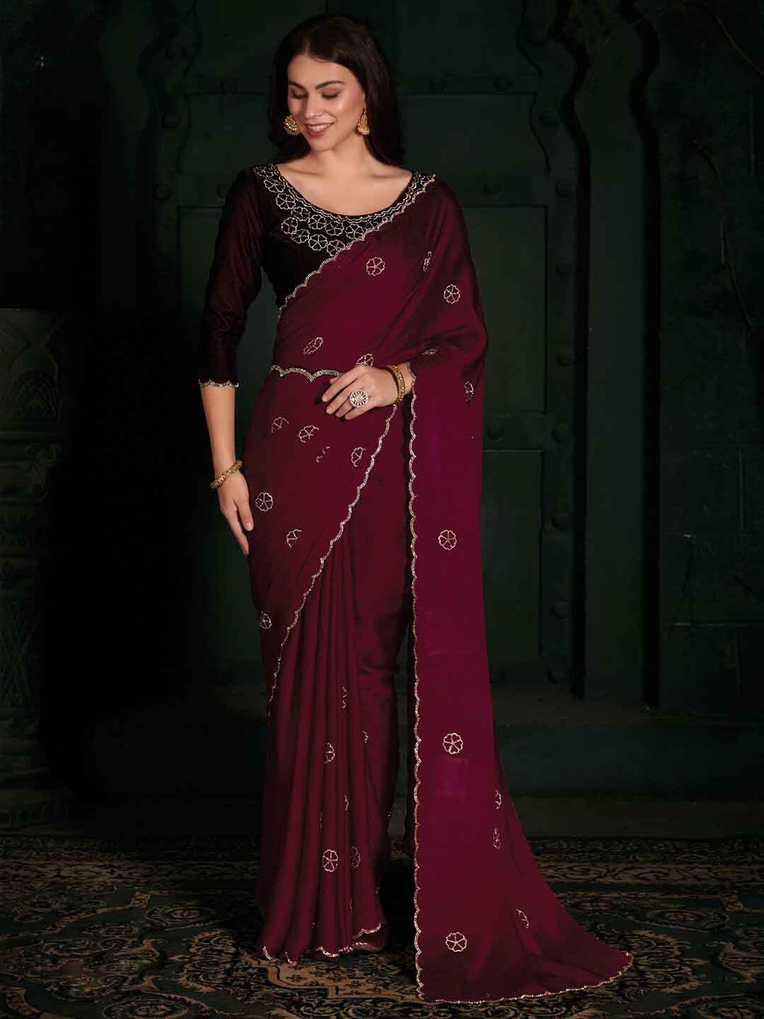 

Saree mall Viscose Rayon Embellished Beads and Stones Satin Saree, Pink