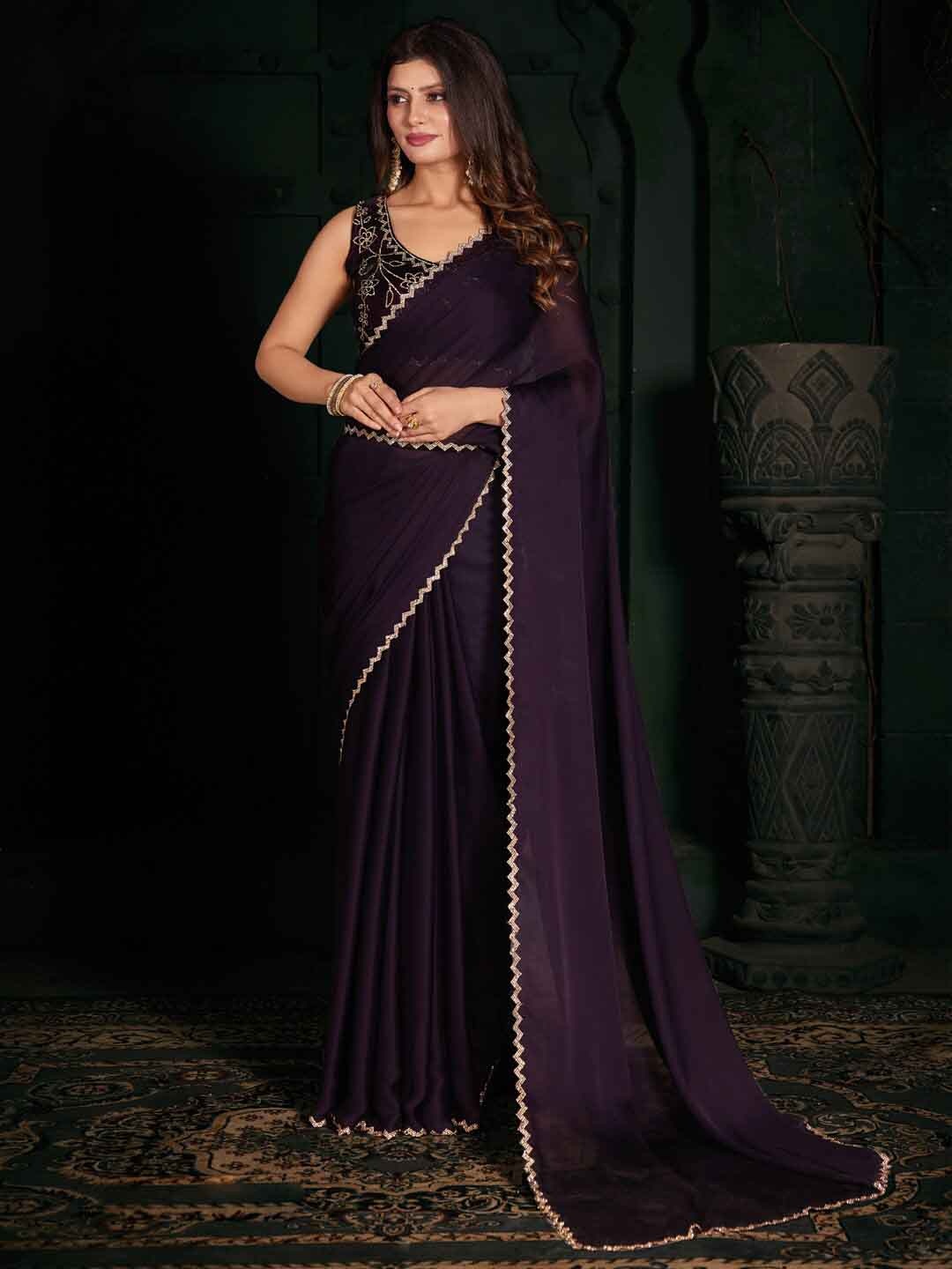 

Saree mall Purple Beads and Stones Embellished Pure Chiffon Saree