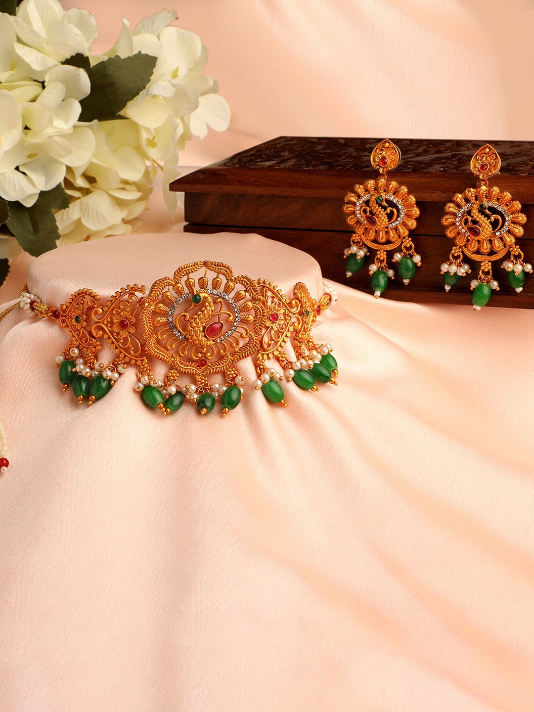 

Shining Diva Gold Plated Artificial Stones-Studded & Beads Beaded Necklace & Earrings