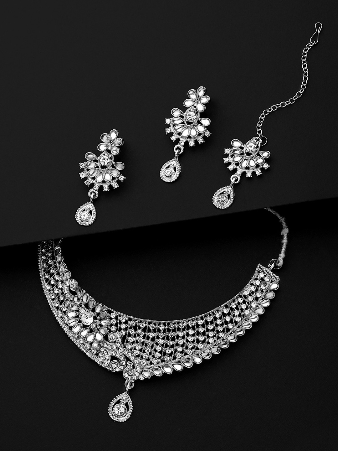 

Shining Diva Silver Plated American Diamond Studded Necklace & Earrings With Maang Tika