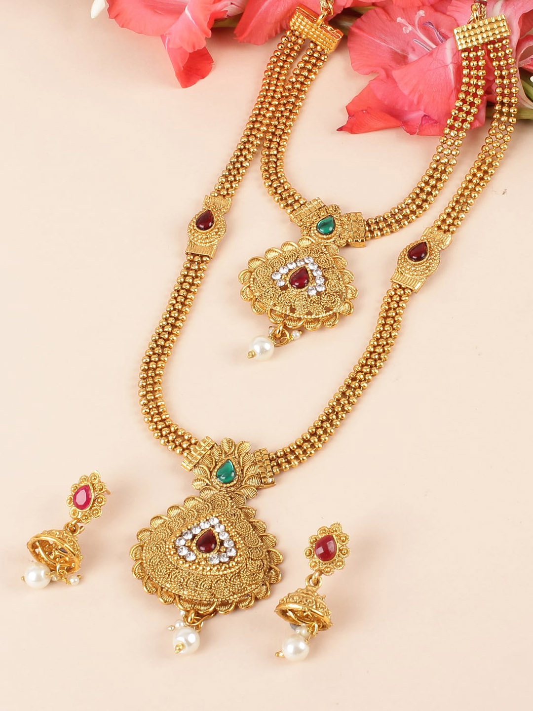 

Shining Diva Gold Plated Artificial Stones-Studded & Beads Beaded Necklace & Earrings