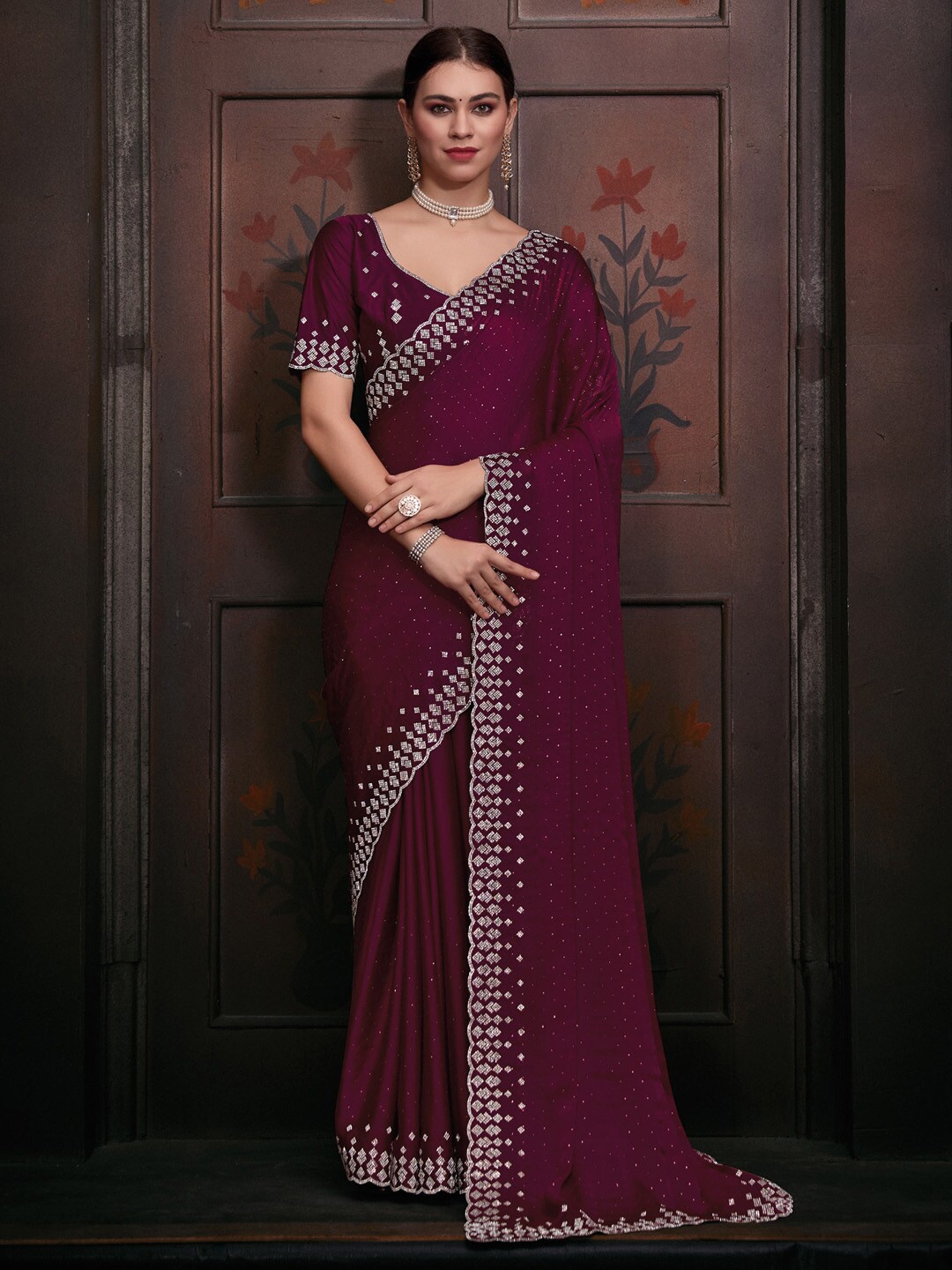 

Saree mall Embellished Beads and Stones Pure Chiffon Saree, Pink