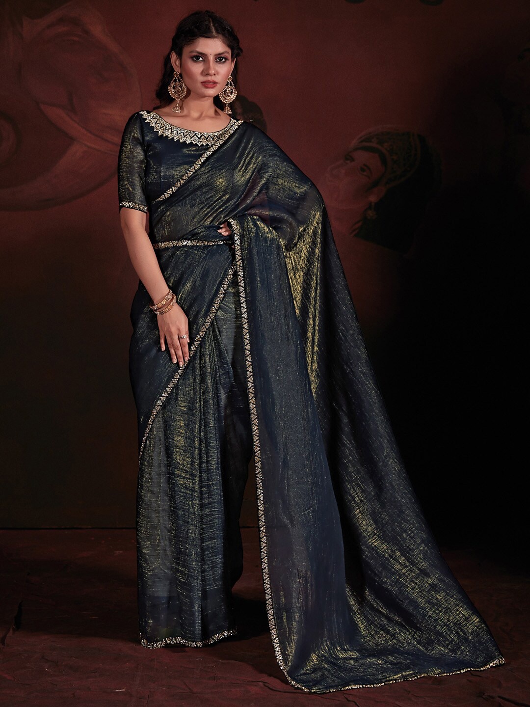 

Saree mall Teal Beads and Stones Embellished Saree